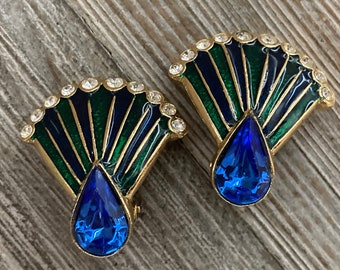 Beautiful Vintage 1980's Signed H.L/Harley's Blue And Green Fan Shaped Clip Earrings With Rhinestones