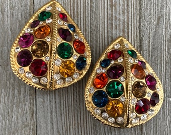 BLANCA Signed Vintage 1980's Massive Gold Teardrop Shaped Classic Statement Clip Earrings With Multicolored Rhinestones