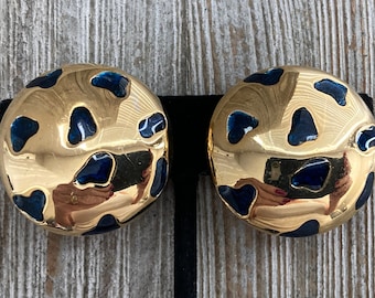 New Old Stock HARLEY'S Vintage 1980's-90's Round Gold And Blue Classic Clip Earrings