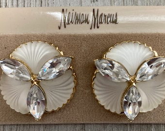 GUY LAROCHE/Neiman Marcus NOS Vintage 1980's Round Gold With Clear Glass Classic Designer Statement Clip Earrings