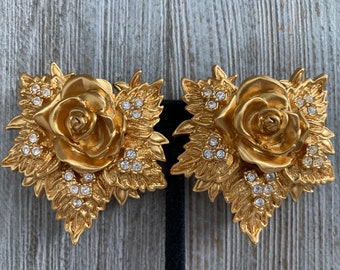 Stunning ELIZABETH TAYLOR For AVON Vintage 1990's Large Gold Passion Flower Classic Statement Clip Earrings With Rhinestones