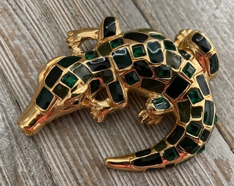 Gorgeous ST. JOHN Vintage 1980's-90's Gold And Green Alligator Statement Brooch