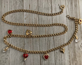 ST. JOHN Absolutely Stunning Vintage 1990's Gold And Red Chain Belt With Dangling Heart Shaped Charms