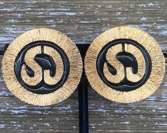 Fabulous ST. JOHN Vintage 1980's-90's Large Round Black And Gold Logo Modern Classic Clip Earrings