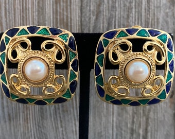 Nuevos pendientes de clip de declaración cuadrados de oro, verde y azul vintage de los años 80 con perlas falsas