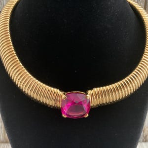 Exquisite NINA RICCI New Old Stock Vintage 1980&#39;s-90&#39;s Massive Gold Collar Necklace With Large Pink Rhinestones