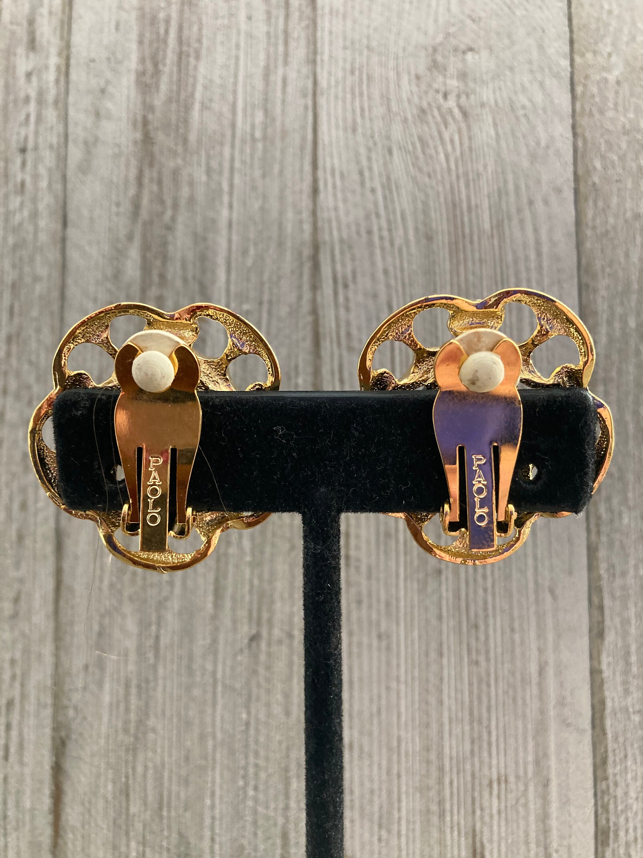 Vintage Poogi Paris Black Sequin Gold Statement Clip Earrings