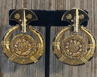 Gorgeous Vintage 1990's Large Gold With Rhinestones Heavy Modern Doorknocker Clip Earrings