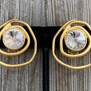 Beautiful NORMA JEAN Signed Vintage 1980&#39;s-90&#39;s Modernist Clip Earrings With Rhinestones