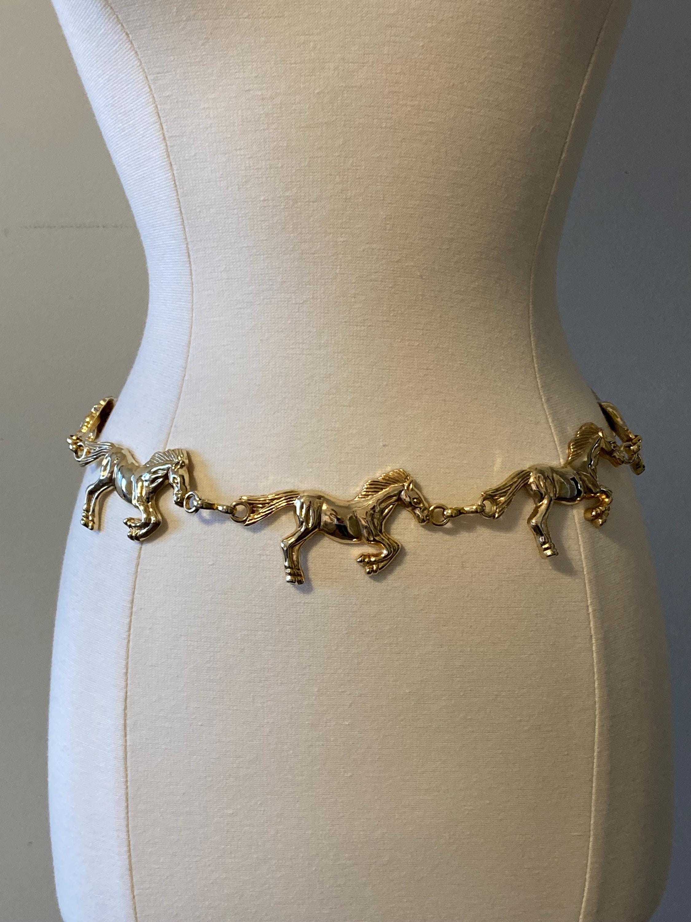 90s Vintage Gold Chain Belt With Adjustable Length 80s 90s Gold Tone Metal Horse Bit Chain Belt | Gold Chain  main image 3