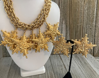 Breathtaking ESCADA Signed Vintage 1990's Massive Triple Chain Statement Necklace And Clip Earrings With Stars