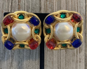 Gorgeous Vintage 1980's Massive Gold Moghul Statement Clip Earrings With Multicolored Cabochons And Faux Pearls