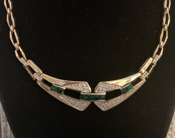 Exquisite PANETTA Signed Vintage 1980's-90's Gold With Green Rhinestones Classic Collar Necklace