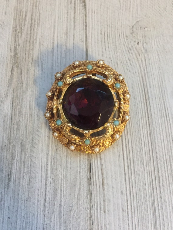 Vintage Gold Brooch With Purple, Turquoise And Pe… - image 1