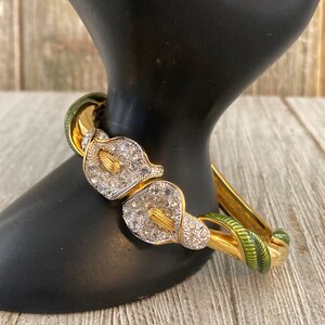 Exquisite NOLAN MILLER Vintage 1980's New In Original Box Gold And Green Calla Lily Hinged Bracelet With Rhinestones