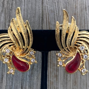 Beautiful Vintage 1990&#39;s New Old Stock Gold And Red Classic Statement Clip Earrings With Rhinestones