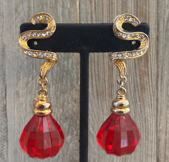 Boucles D'oreilles Clips Anciens Or Et Rouge Avec Pampilles - Style Vintage Années 50/60
