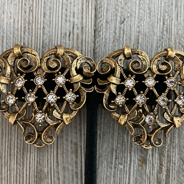 Brincos vintage BARRERA para AVON "Coleção Antoinette" 1992, brincos de pressão clássicos em formato de coração dourado com strass