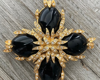 JOAN RIVERS Vintage 1990&#39;s Gold And Black Maltese Cross Classic Statement Brooch With Rhinestones