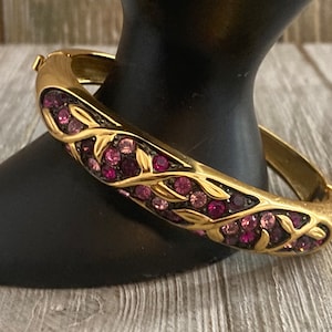 JOAN RIVERS Signed Vintage 1990&#39;s Gold With Pink Rhinestones Hinged Bangle Bracelet