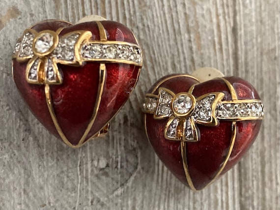 Boucles D'oreilles Vintage Clips - Cœurs En Métal Doré Avec Strass Brillants, Occasion