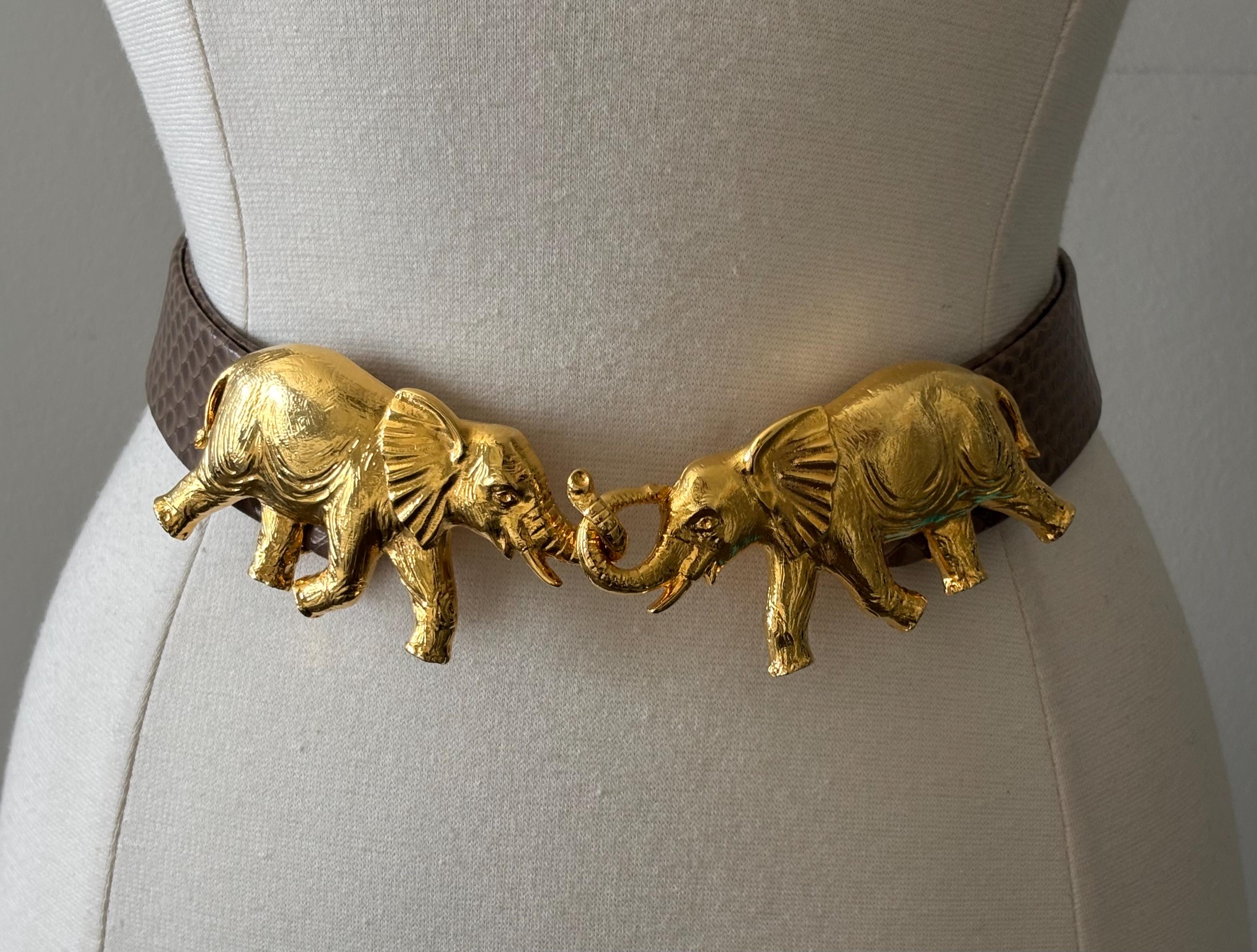 Beautiful Vintage 1980's-90's New Old Stock Taupe Colored Snakeskin With Gold Elephant Shaped Buckle Adjustable  Belt