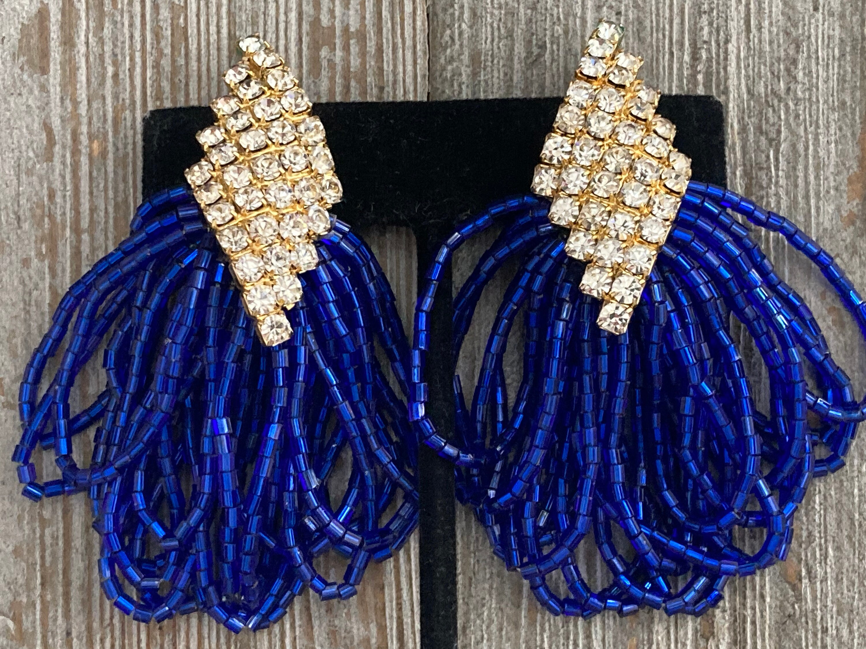 Vintage Blue Rhinestone Fringe Clip Earrings 3.25” Dangle 1960s Vtg Black Clear Rhinestone Waterfall Fringe 3 main image 4