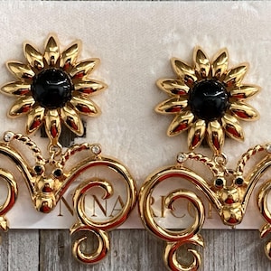 Gorgeous NINA RICCI 1990&#39;s New Old Stock Gold And Black Modern Dangle Clip Earrings With Rhinestones