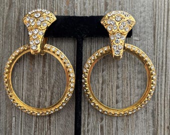 Amazing Vintage 1980's-90's Massive Gold With Rhinestones Modern Doorknocker Clip Earrings