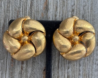 Gorgeous LES BERNARD/VO Vintage 1980's Large Round Gold Runway Clip Earrings