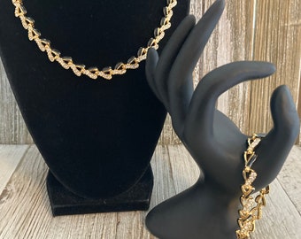 NWT VONELLE/Swarovski Vintage 1990er Jahre schwarz-goldene Halskette und Armband mit Strasssteinen