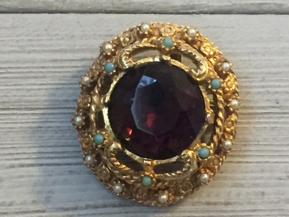 Vintage Gold Brooch With Purple, Turquoise And Pe… - image 4