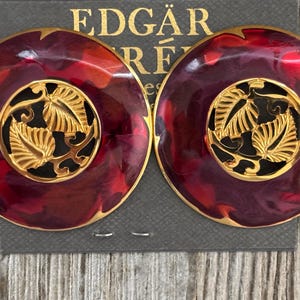 EDGAR BEREBI 1990&#39;s New Old Stock Large Red And Gold Modern Statement Pierced Earrings