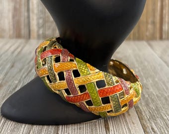 Gorgeous VO/Les Bernard Signed 1980's Multicolored Enamel Modern Cuff Hinged Cuff Bracelet