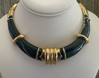 Spectacular Vintage 1980's New Old Stock Massive Gold And Blue Enamel Modern Runway Collar Necklace