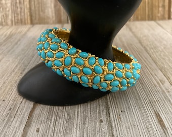 Stunning KENNETH LANE Signed Vintage 1980's-90's Chunky Modern Gold And Turquoise Beaded Hinged Bangle Bracelet