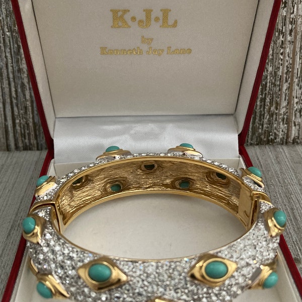 Stunning KJL/Kenneth Jay Lane NOS Vintage 1980's-90's Heavy Gold With Rhinestones & Turquoise Colored Cabochons Hinged Moghul Bracelet