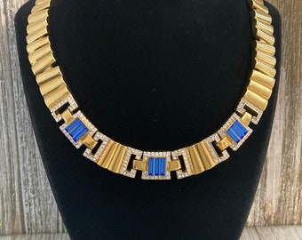 Reserved….Exquisite ST.JOHN Signed Vintage 1980's-90's Gold With Blue Rhinestones Classic Couture Statement Collar Necklace