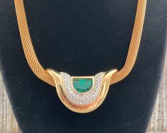 Magnificent S.A.L/Swarovski Signed Gold Mesh Statement Collar Necklace With Green And Clear Rhinestones