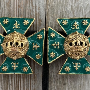Spectacular Vintage 1980&#39;s-90&#39;s Massive Gold And Green Maltese Cross Heavy Runway Clip Earrings