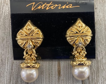 Amazing Vintage 1990's New Old Stock Gold Dangle Runway Clip Earrings With Rhinestones And Faux Pearls