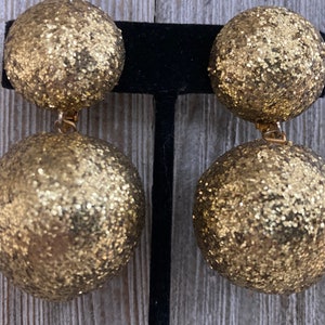 Fabulous LES BERNARD New Old Stock Large Gold Glitter Dangle Ball Screw On  Earrings