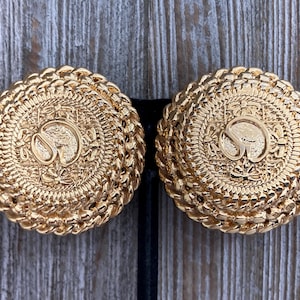 Fabulous ST. JOHN Signed Vintage 1980&#39;s-90&#39;s Round Gold Classic Logo Clip Earrings
