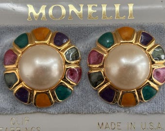 Pendientes de clip clásicos multicolores redondos MONELLI con perlas de imitación, de la década de 1990, nuevos y antiguos.