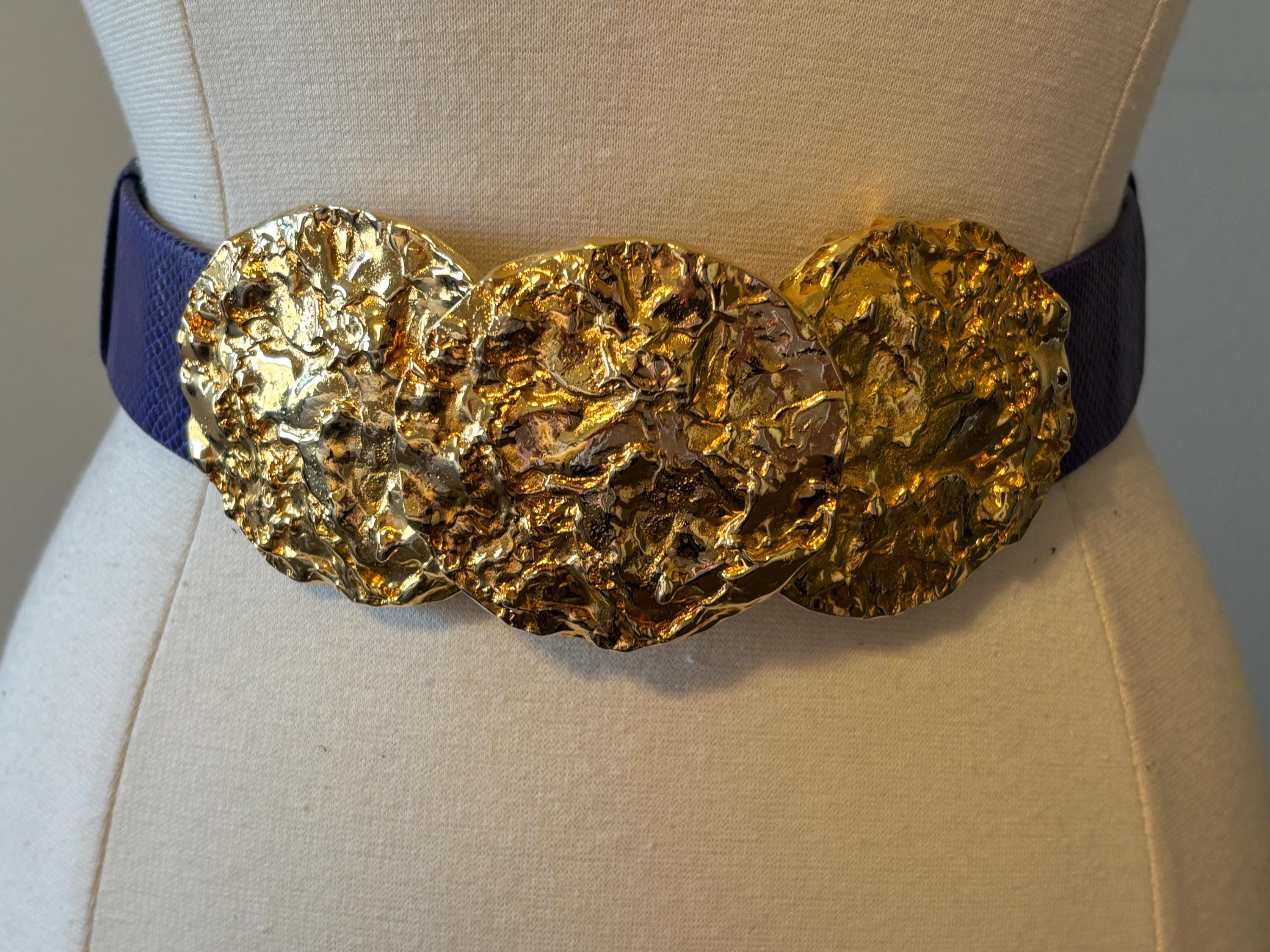 ALEXIS KIRK Signed 1980\'s Snakeskin Adjustable Belt Gold Buckle White Cabochons VTG 1980 main image 3
