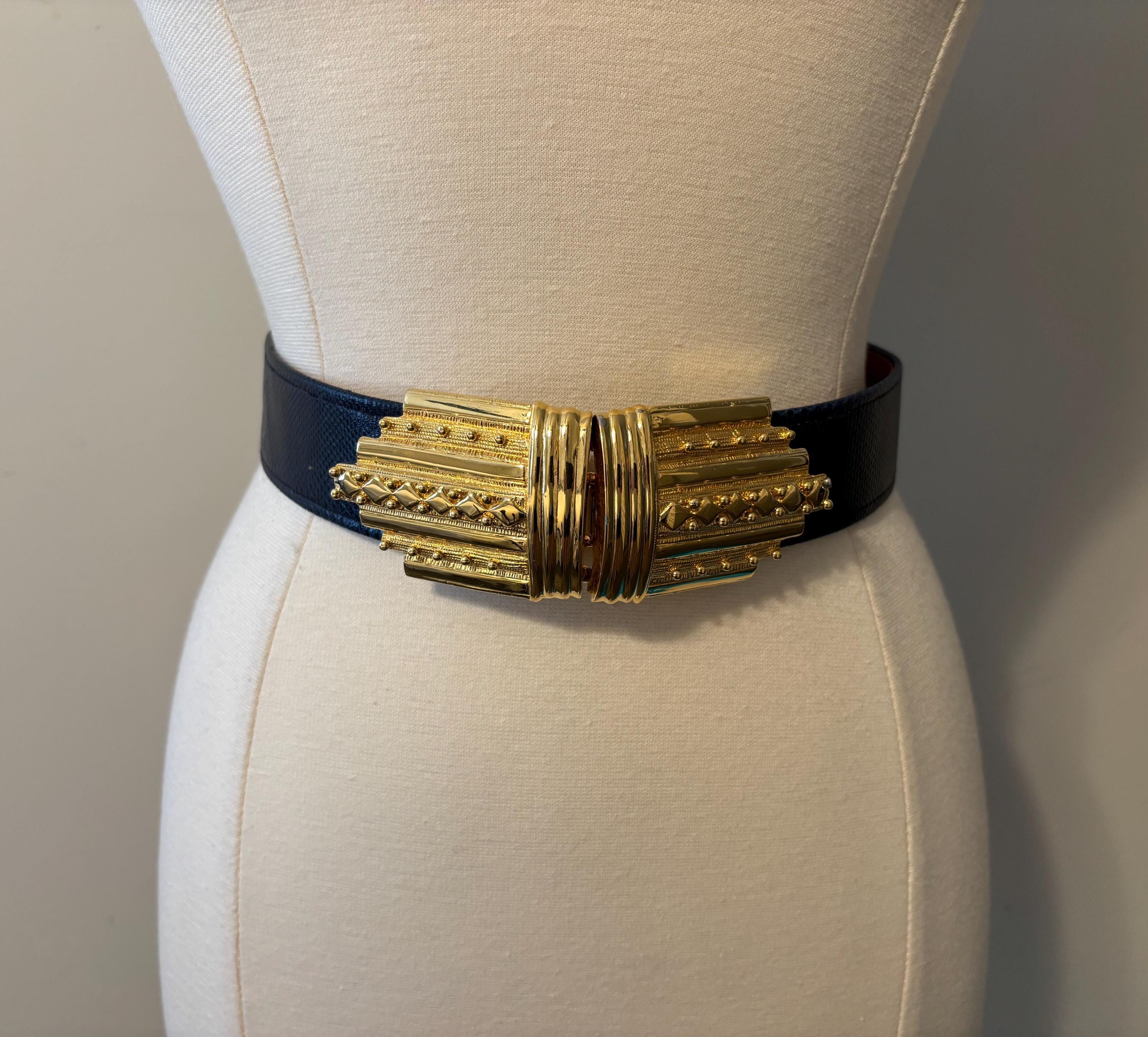 ALEXIS KIRK Signed 1980\'s Snakeskin Adjustable Belt Gold Buckle White Cabochons VTG 1980 main image 4