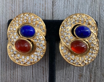 Gorgeous Vintage 1980's Gold Gripoix Classic Runway Clip Earrings With Red And Blue Cabochons And Rhinestones