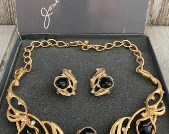 Stunning BARRERA For AVON NOS Vintage 1990 Granada Collection Gold And Black Cabochons Jewelry Set