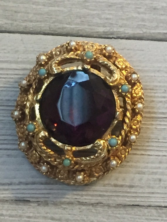 Vintage Gold Brooch With Purple, Turquoise And Pe… - image 3