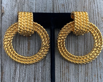 NOS SEREFINA Vintage 1990's Massive Gold Modern Doorknocker Statement Runway Clip Earrings